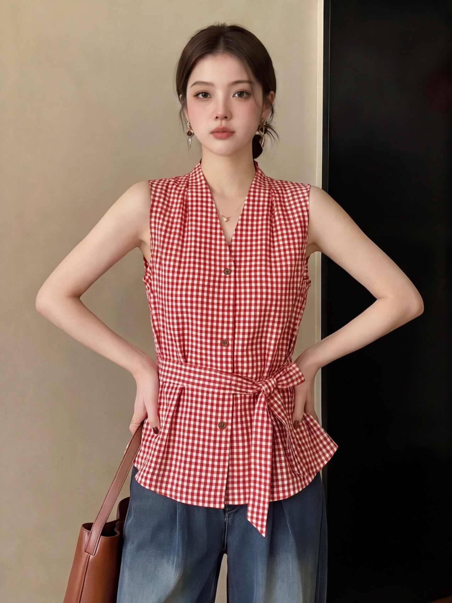 빛 요리 한 항구 바람 빨간색 체크무늬 허리 수축 여성 셔츠 여름 외출용 행침 목 리본 민소매 조끼 베스트 맨위 서비스 상세 이미지 12
