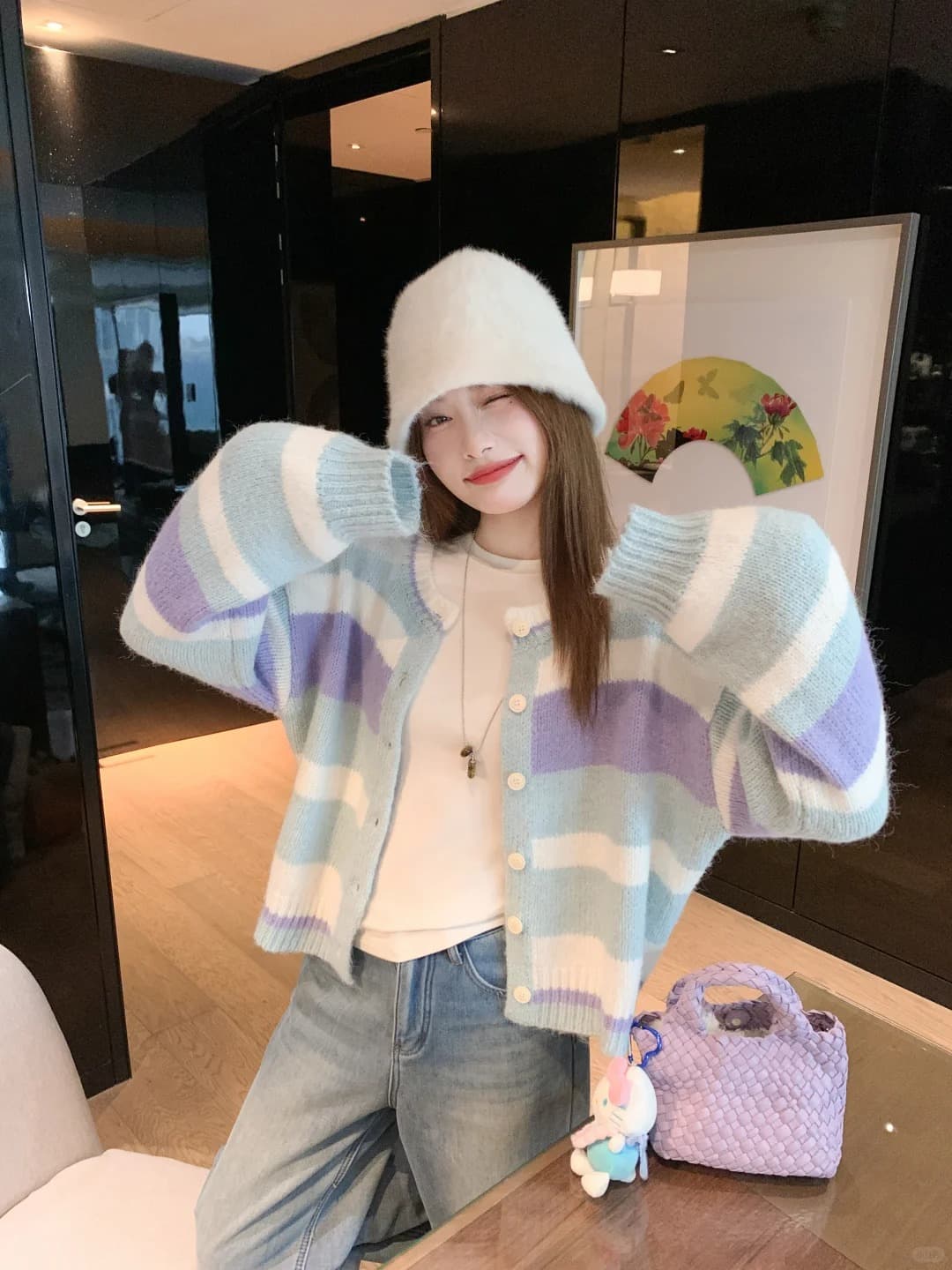 한 번 작은 짭짤한 한 부서 색상 스트라이프 쇼트 스타일 니트 오픈 가디건 여성 가을 겨울 루즈핏 스웨터 코트 맨위 겨울 이미지 5