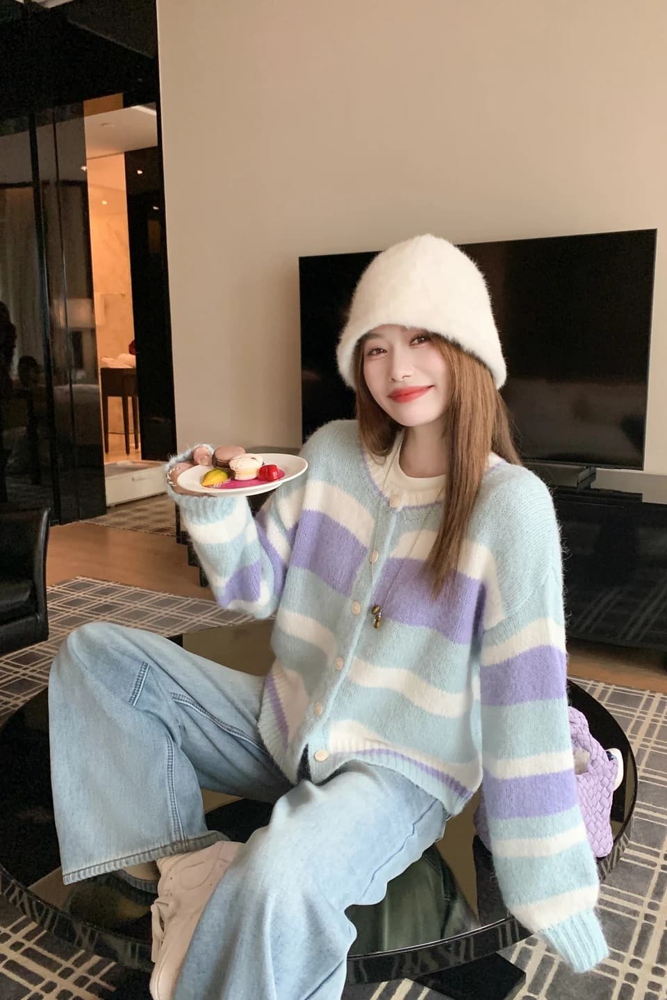한 번 작은 짭짤한 한 부서 색상 스트라이프 쇼트 스타일 니트 오픈 가디건 여성 가을 겨울 루즈핏 스웨터 코트 맨위 겨울 이미지 7