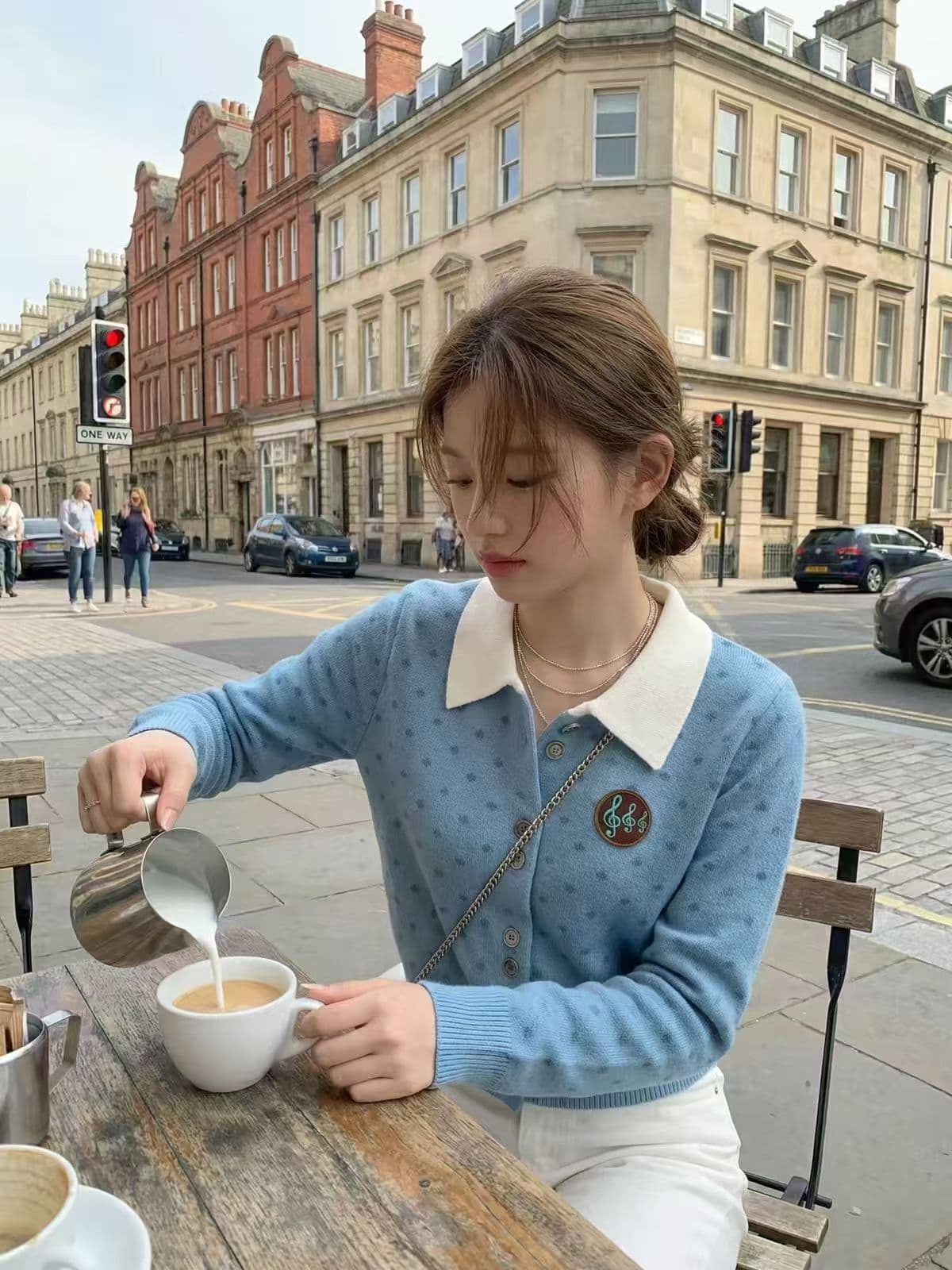한 부서 도트 무늬 참고 패치 자수 니트 오픈 가디건 여성 이른 가을 작은 키 폴로 칼라 단추 몸매 가꾸기 맨위 상세 이미지 18