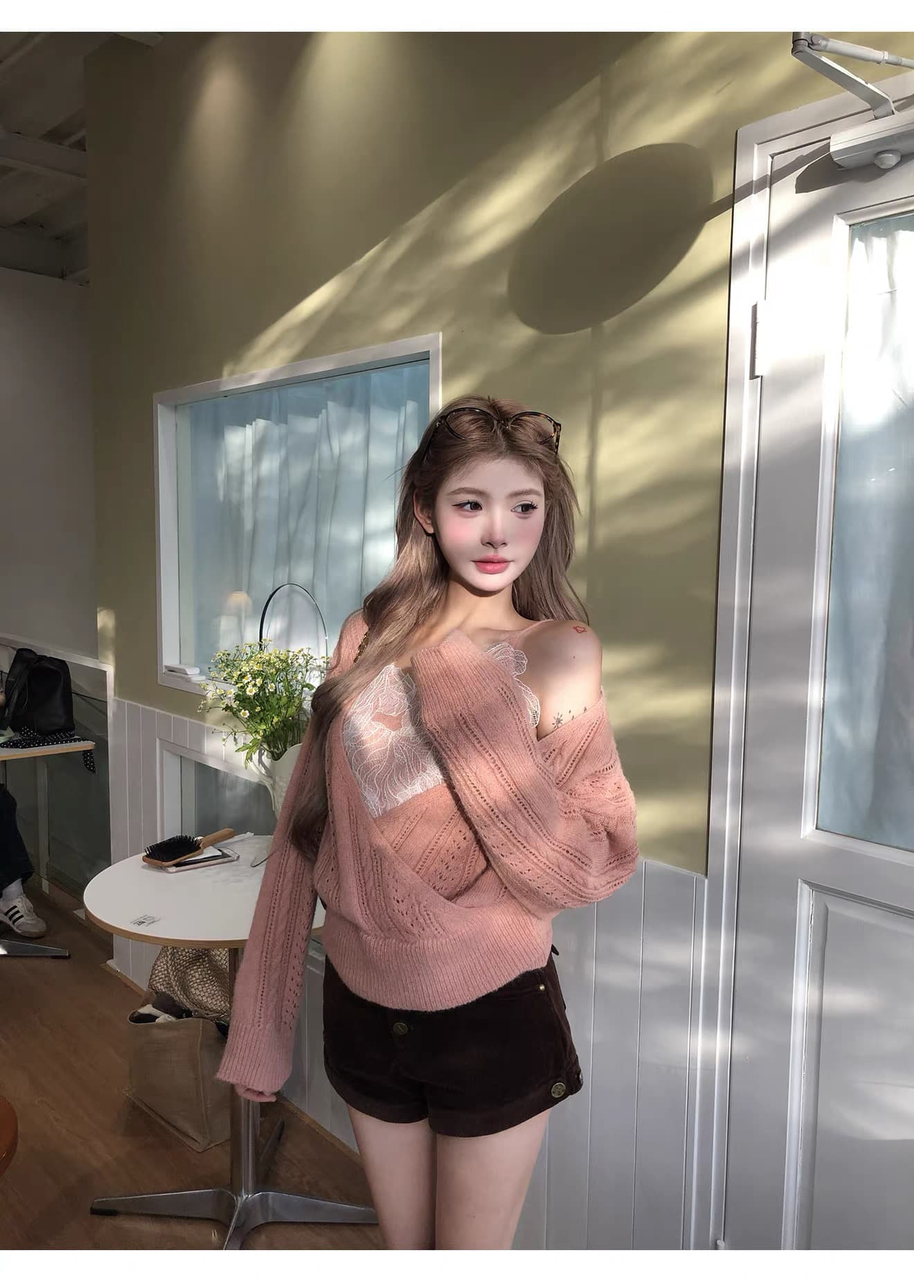 핑크색 스웨터 겨울 2026 새로운 여성 핫걸 섹시함 니트 스웨터 맨위 레이스 투피스 슈트 상세 이미지 19