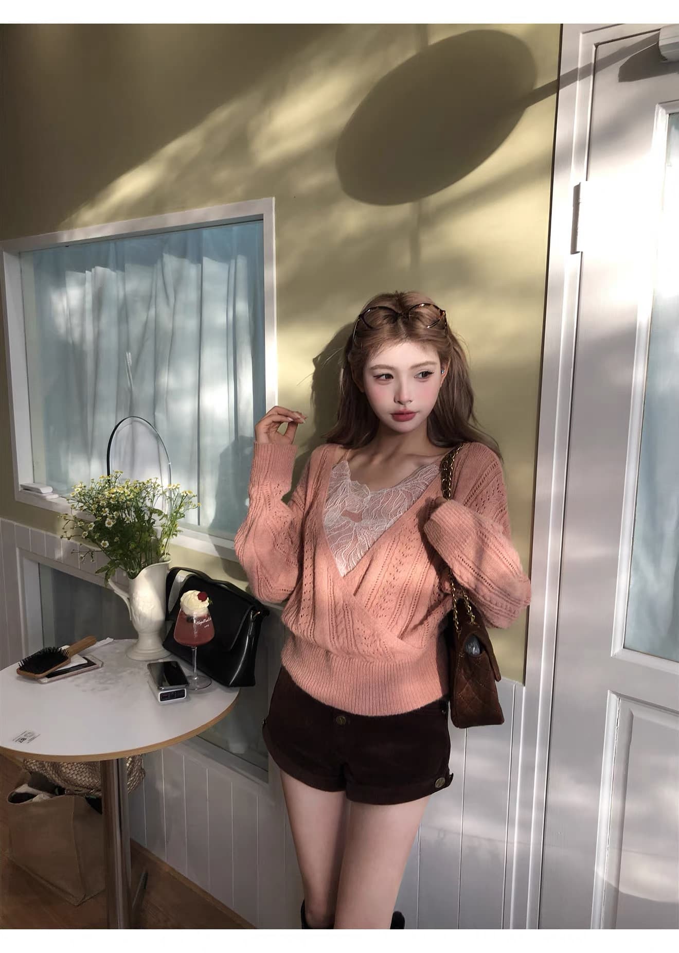 핑크색 스웨터 겨울 2026 새로운 여성 핫걸 섹시함 니트 스웨터 맨위 레이스 투피스 슈트 상세 이미지 20