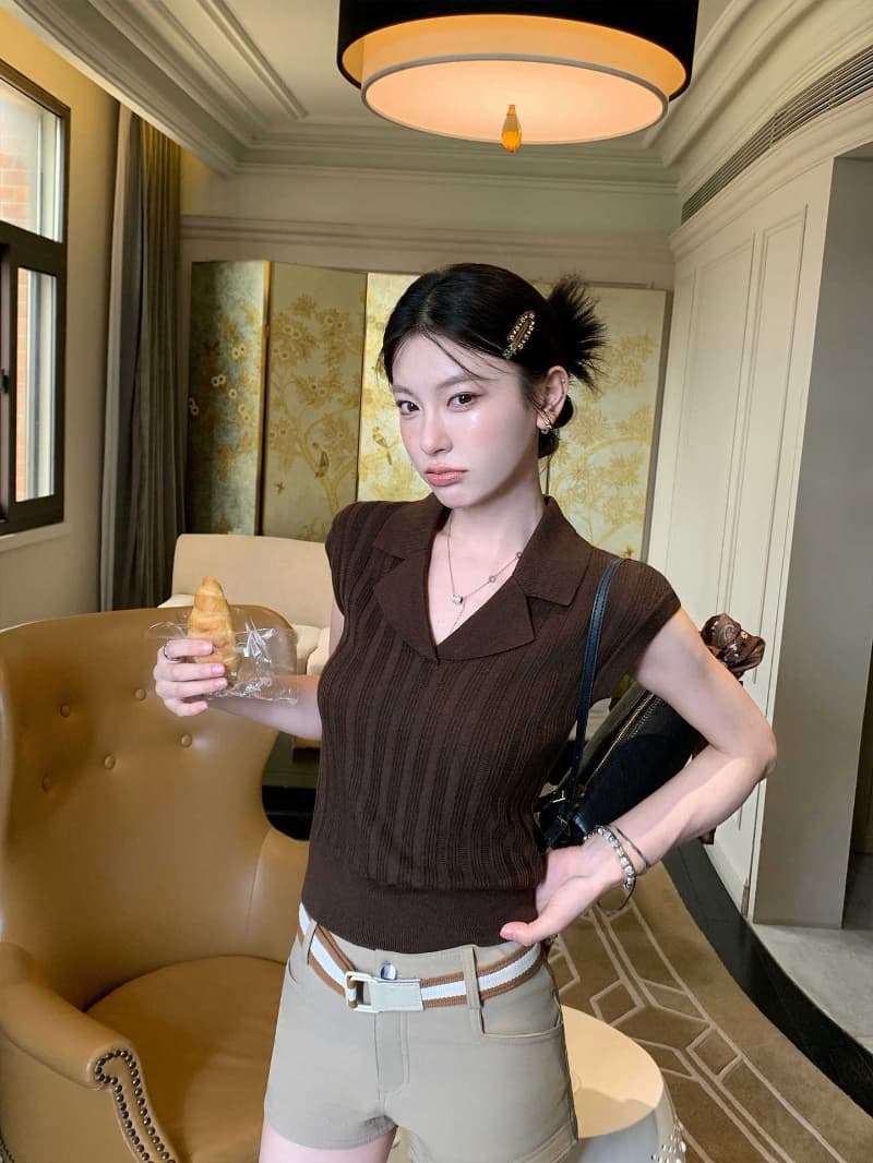 얼음 차가운 실크 워시 물 오래된 돈 바람 POLO 셔츠 여성 V넥 구덩이 기사 폴로 칼라 니트 반팔 여름 다용도 맨위