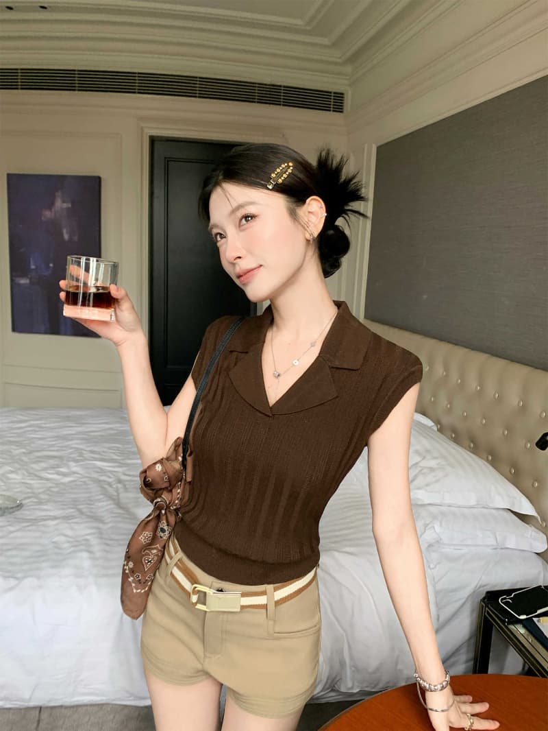 얼음 차가운 실크 워시 물 오래된 돈 바람 POLO 셔츠 여성 V넥 구덩이 기사 폴로 칼라 니트 반팔 여름 다용도 맨위 이미지 4