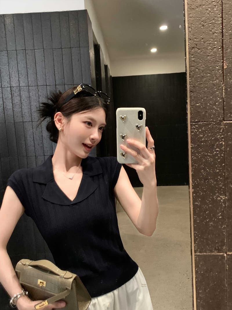 얼음 차가운 실크 워시 물 오래된 돈 바람 POLO 셔츠 여성 V넥 구덩이 기사 폴로 칼라 니트 반팔 여름 다용도 맨위 이미지 3