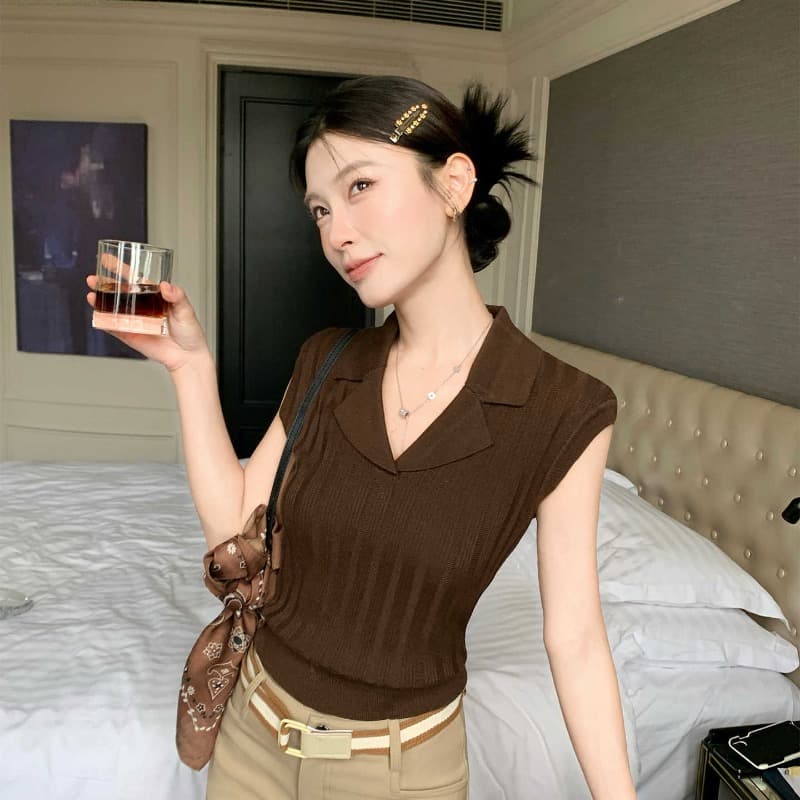 얼음 차가운 실크 워시 물 오래된 돈 바람 POLO 셔츠 여성 V넥 구덩이 기사 폴로 칼라 니트 반팔 여름 다용도 맨위 이미지 5