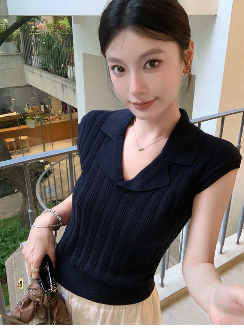 얼음 차가운 실크 워시 물 오래된 돈 바람 POLO 셔츠 여성 V넥 구덩이 기사 폴로 칼라 니트 반팔 여름 다용도 맨위 상세 이미지 4
