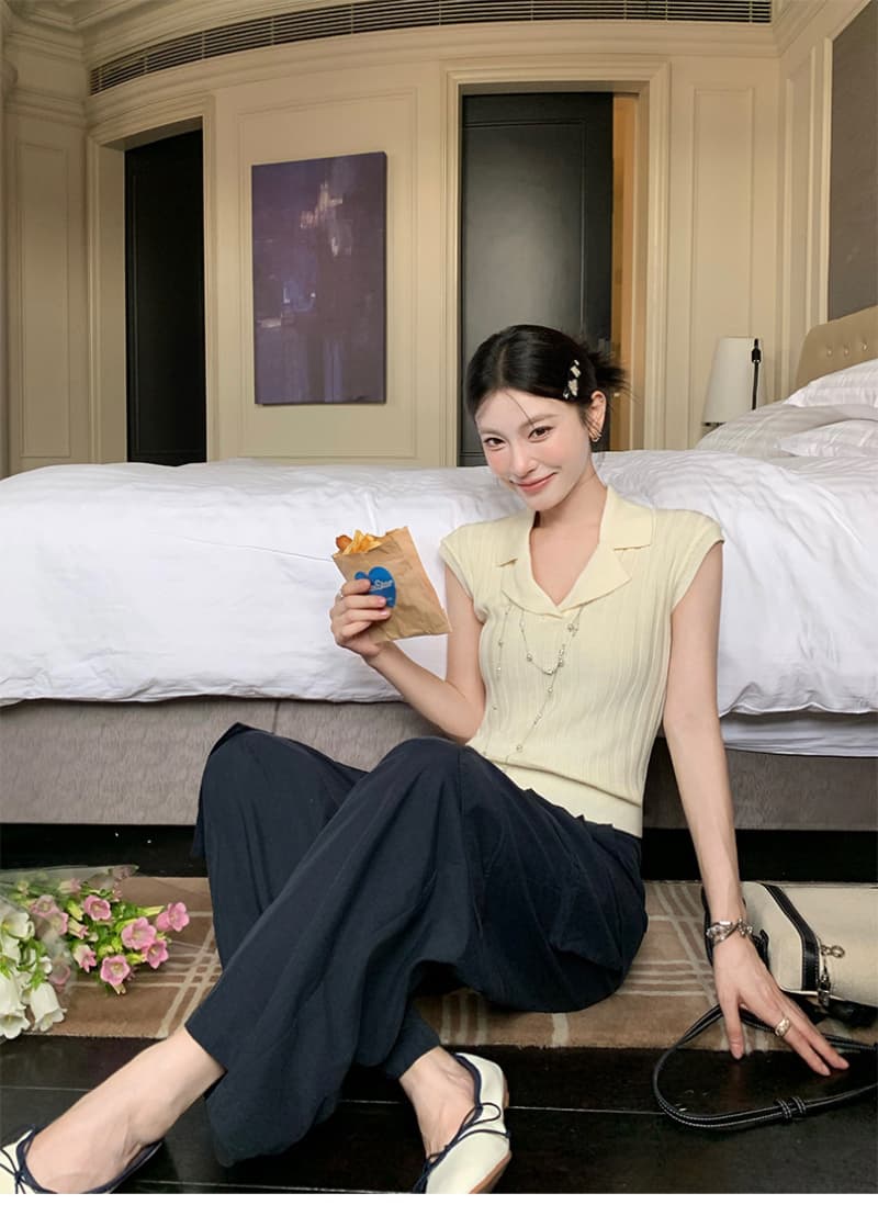 얼음 차가운 실크 워시 물 오래된 돈 바람 POLO 셔츠 여성 V넥 구덩이 기사 폴로 칼라 니트 반팔 여름 다용도 맨위 상세 이미지 6