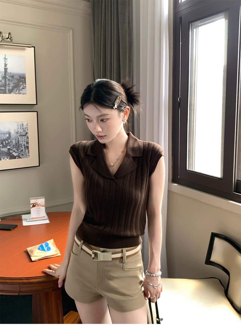 얼음 차가운 실크 워시 물 오래된 돈 바람 POLO 셔츠 여성 V넥 구덩이 기사 폴로 칼라 니트 반팔 여름 다용도 맨위 상세 이미지 8