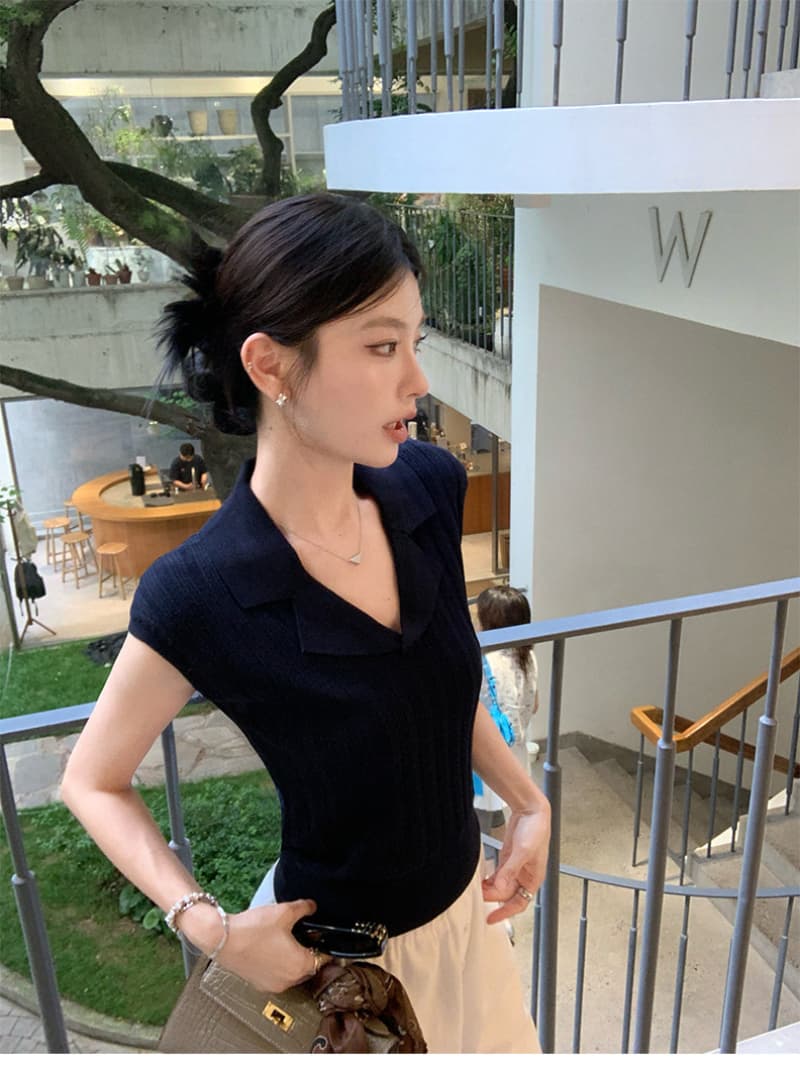 얼음 차가운 실크 워시 물 오래된 돈 바람 POLO 셔츠 여성 V넥 구덩이 기사 폴로 칼라 니트 반팔 여름 다용도 맨위 상세 이미지 12