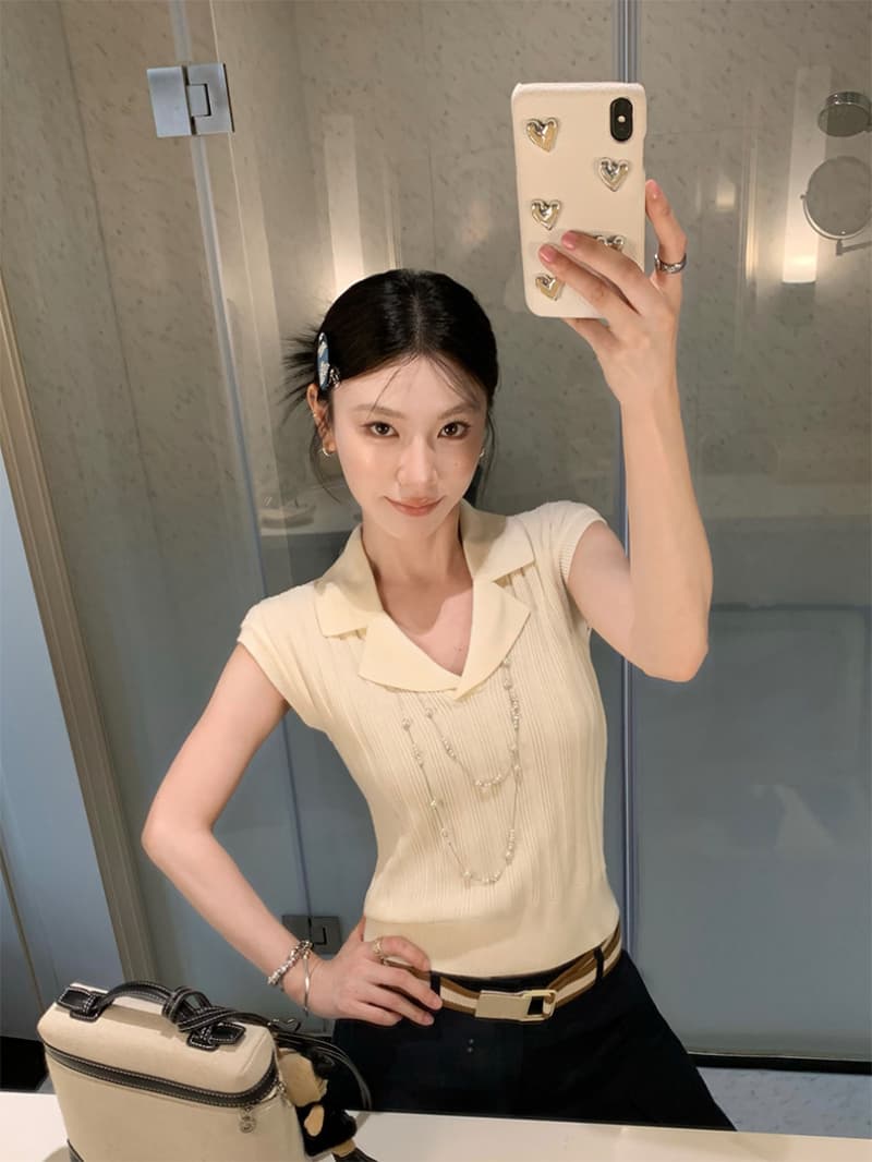 얼음 차가운 실크 워시 물 오래된 돈 바람 POLO 셔츠 여성 V넥 구덩이 기사 폴로 칼라 니트 반팔 여름 다용도 맨위 상세 이미지 19