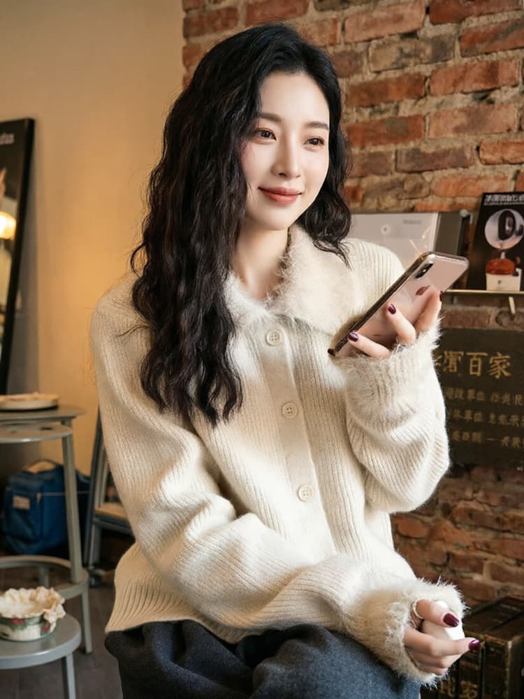 느긋한 바람 폴로 칼라 니트 오픈 가디건 여성 가을 겨울 루즈핏 고급 센스 스웨터 코트 패션 털 커프스 살구 색상 맨위 이미지 2