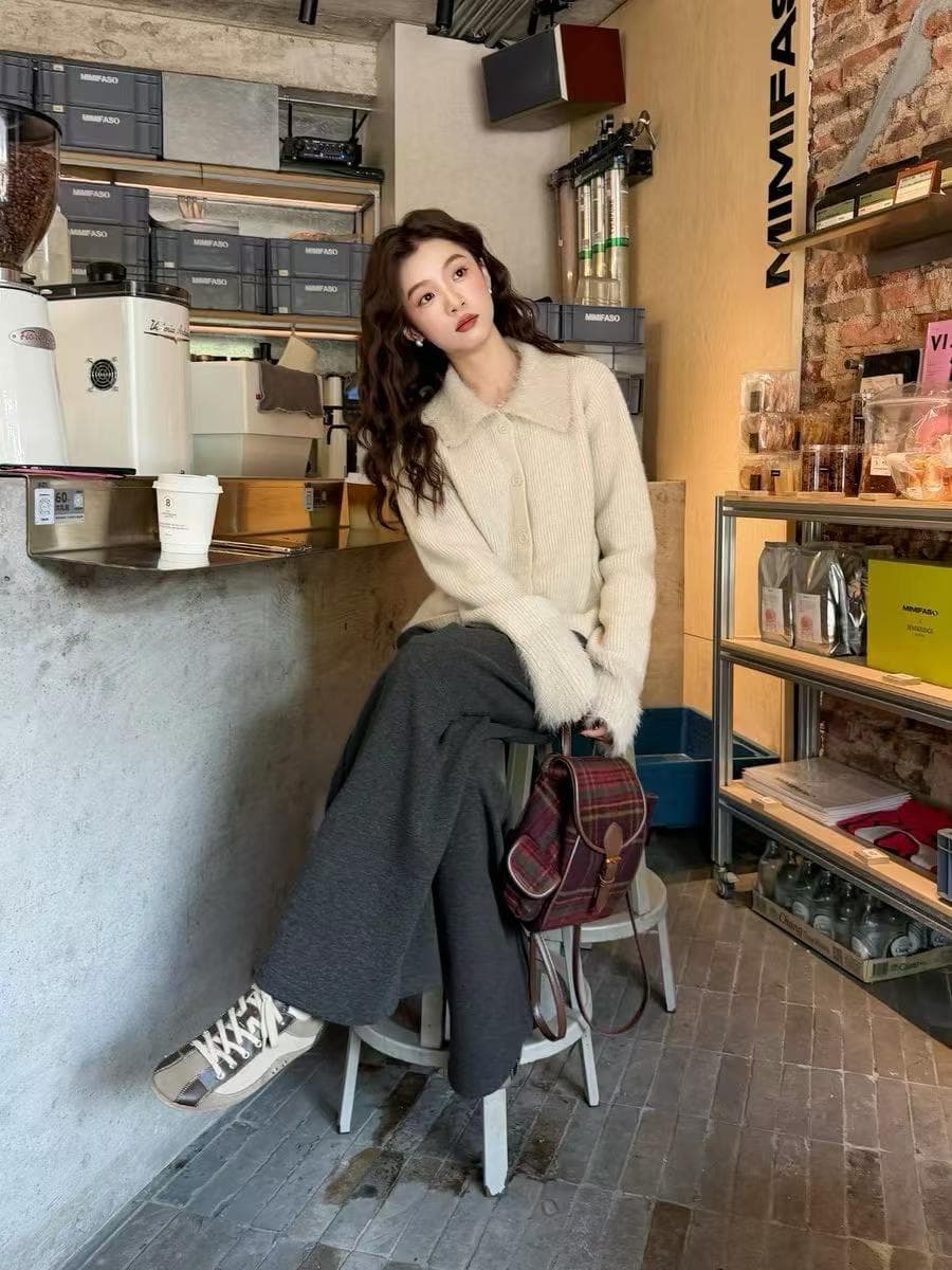 느긋한 바람 폴로 칼라 니트 오픈 가디건 여성 가을 겨울 루즈핏 고급 센스 스웨터 코트 패션 털 커프스 살구 색상 맨위 상세 이미지 3