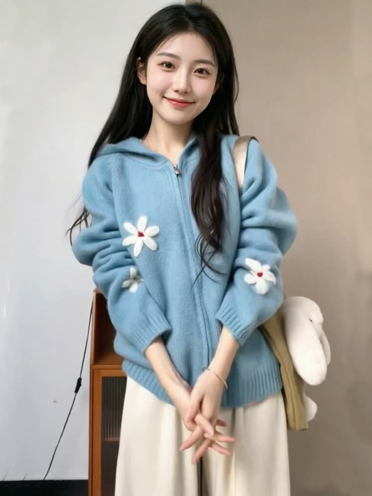 파란색 꽃 후드 지퍼 니트 카디건 코트 스웨터 여자 2026 새로운 봄 두꺼운 느긋한 맨위 이미지 2