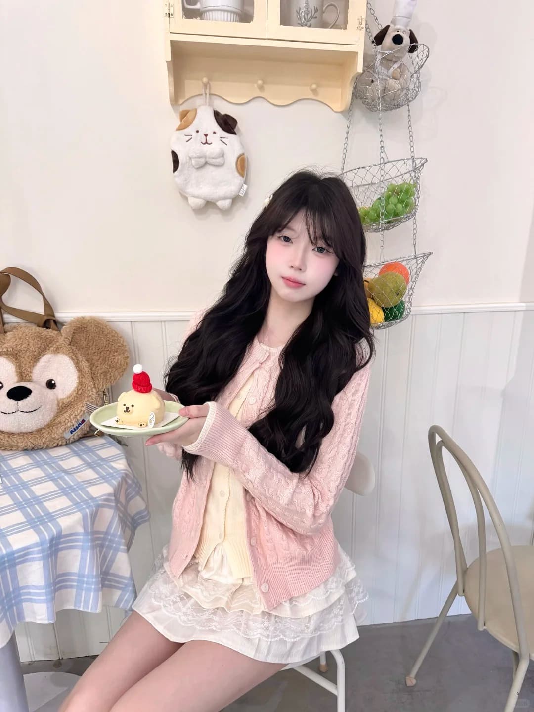 달콤함 귀여운 핑크색 페이크 레이어드 니트 오픈 가디건 여성 가을 겨울 자이언트 잘 생긴 학원 스타일 스웨터 미니 스커트 투피스 슈트 상세 이미지 17