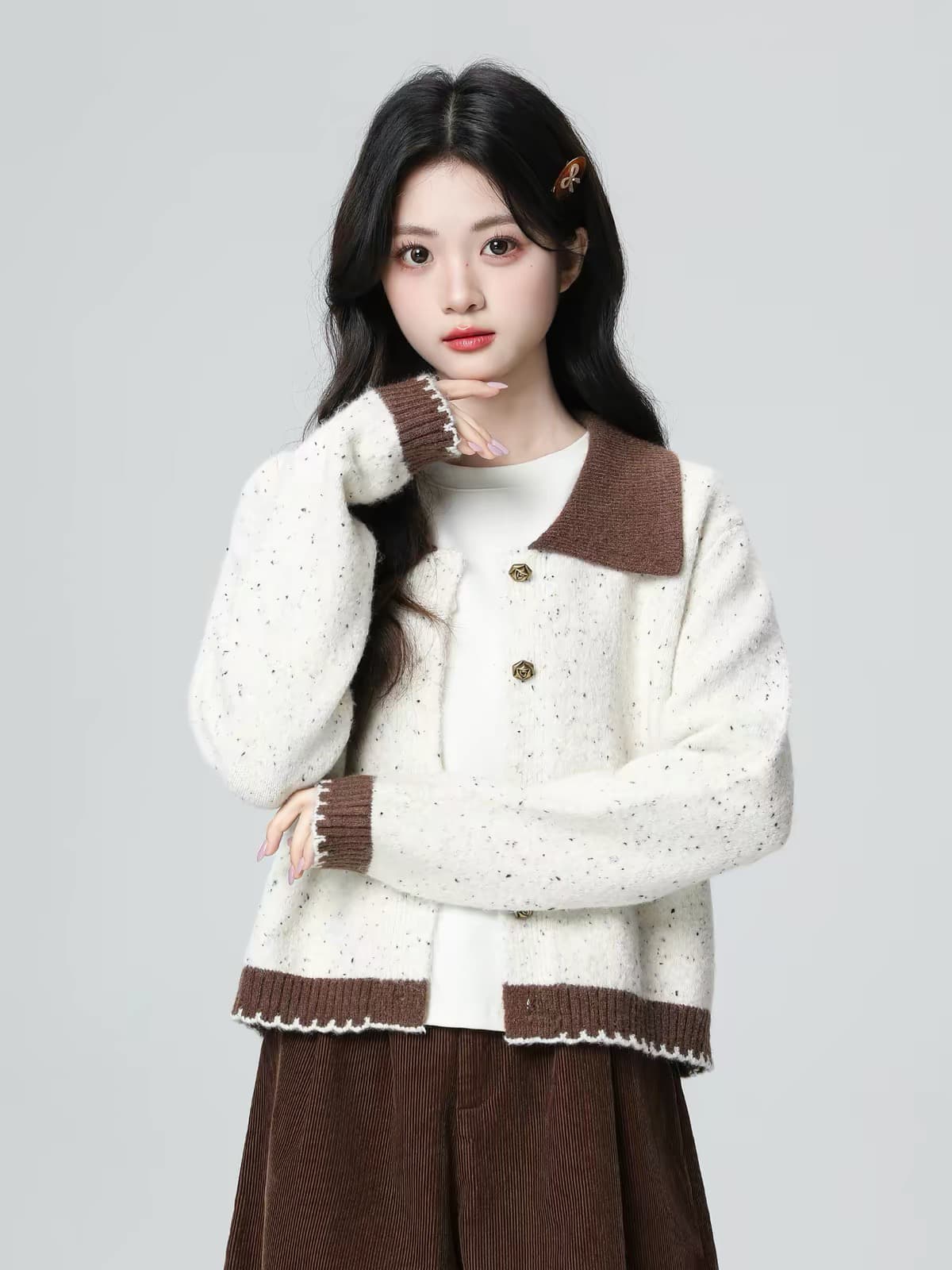 배색 폴로 칼라 스웨터 여성 코트 봄 가을 가을 겨울철 새로운 프랑스식 작은 샤넬 스타일 니트 오픈 가디건 쇼트 스타일 맨위 상세 이미지 1
