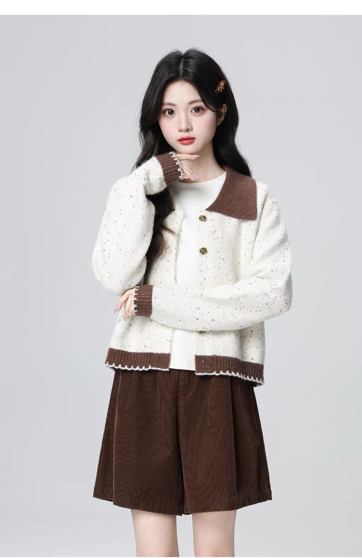 배색 폴로 칼라 스웨터 여성 코트 봄 가을 가을 겨울철 새로운 프랑스식 작은 샤넬 스타일 니트 오픈 가디건 쇼트 스타일 맨위 상세 이미지 13