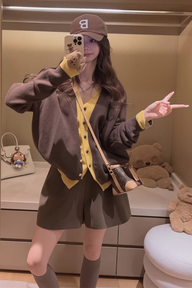 패치워크 배색 페이크 레이어드 긴팔 오픈 가디건 단추 맨위 여성 루즈핏 V넥 니트 스웨터 외부 가져 가라. 스웨터 여성 코트 이미지 6