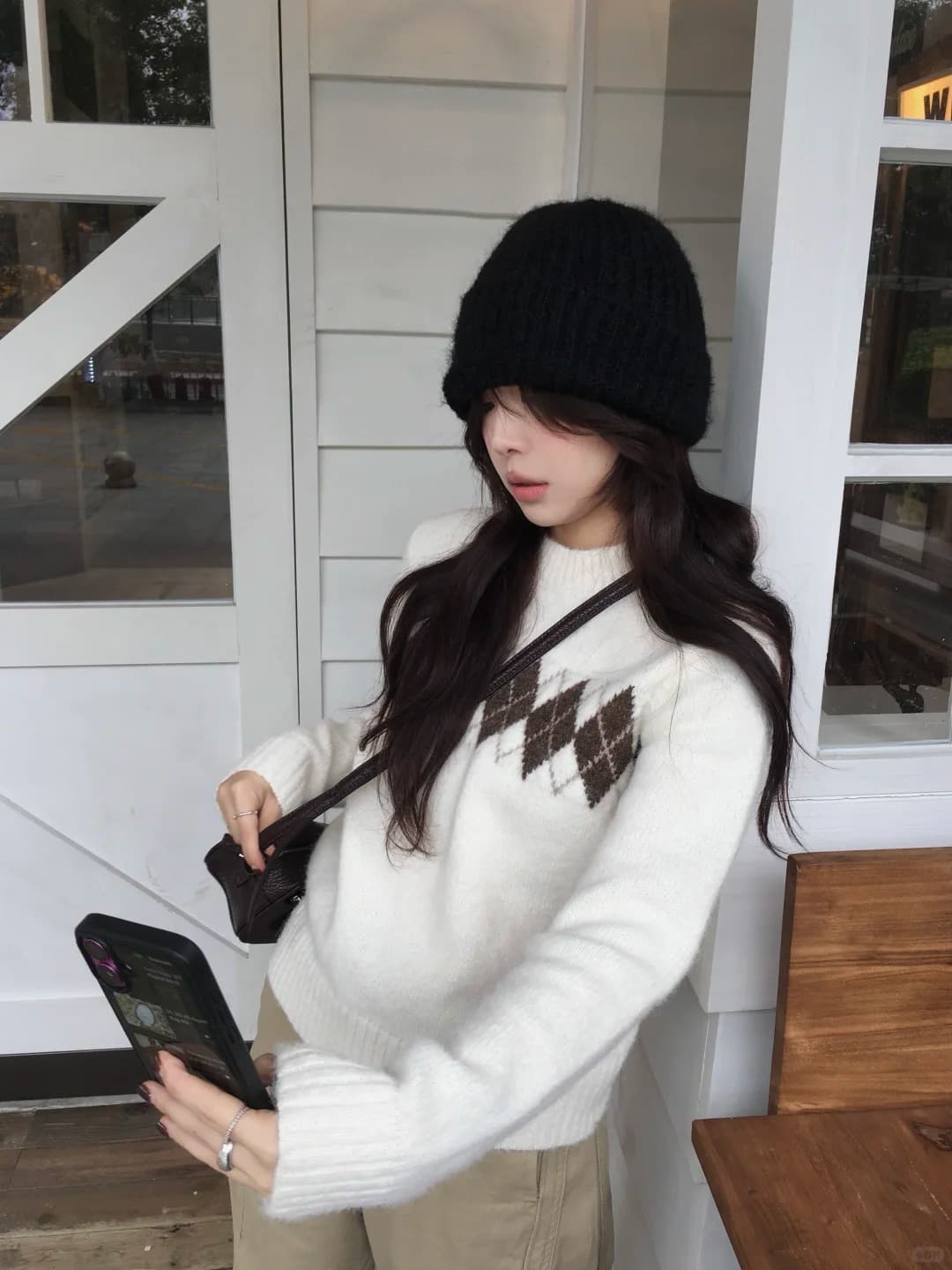 링 그리드 라운드 넥 풀오버 스웨터 여자 가을 겨울 새로운 캐주얼 바람 디자인 센스 몸매 가꾸기 슬림해 보이는 니트 맨위 이미지 2