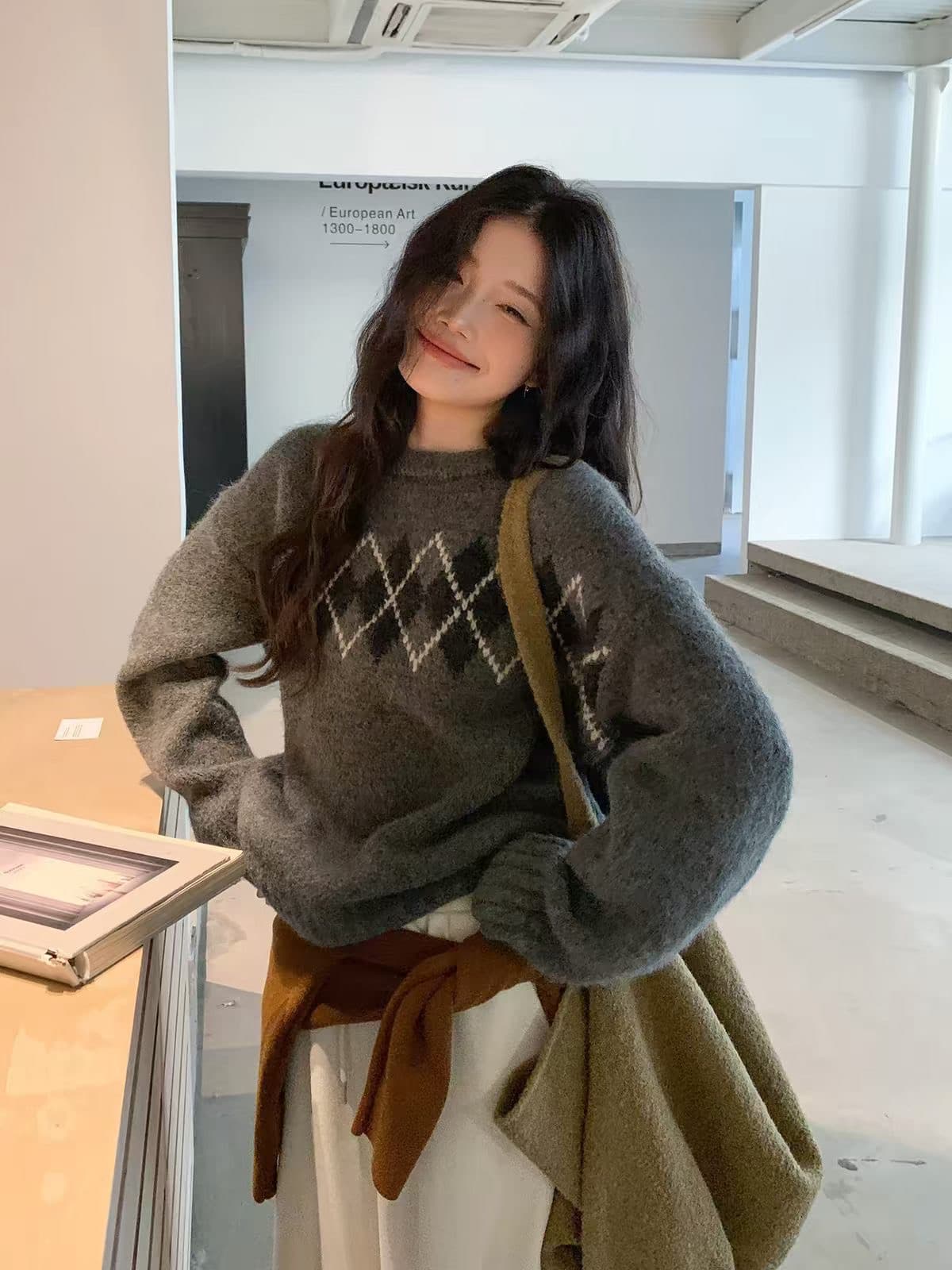 링 그리드 라운드 넥 풀오버 스웨터 여자 가을 겨울 새로운 캐주얼 바람 디자인 센스 몸매 가꾸기 슬림해 보이는 니트 맨위 이미지 4
