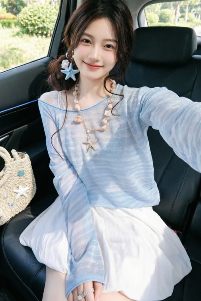 도파민 파란색 스트라이프 비스듬한 어깨 루즈핏 자외선 차단 긴팔 티셔츠 여성 2026 새로운 여름 블라우스 Tulle 맨위 이미지 6