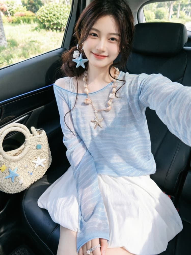 도파민 파란색 스트라이프 비스듬한 어깨 루즈핏 자외선 차단 긴팔 티셔츠 여성 2026 새로운 여름 블라우스 Tulle 맨위 상세 이미지 6