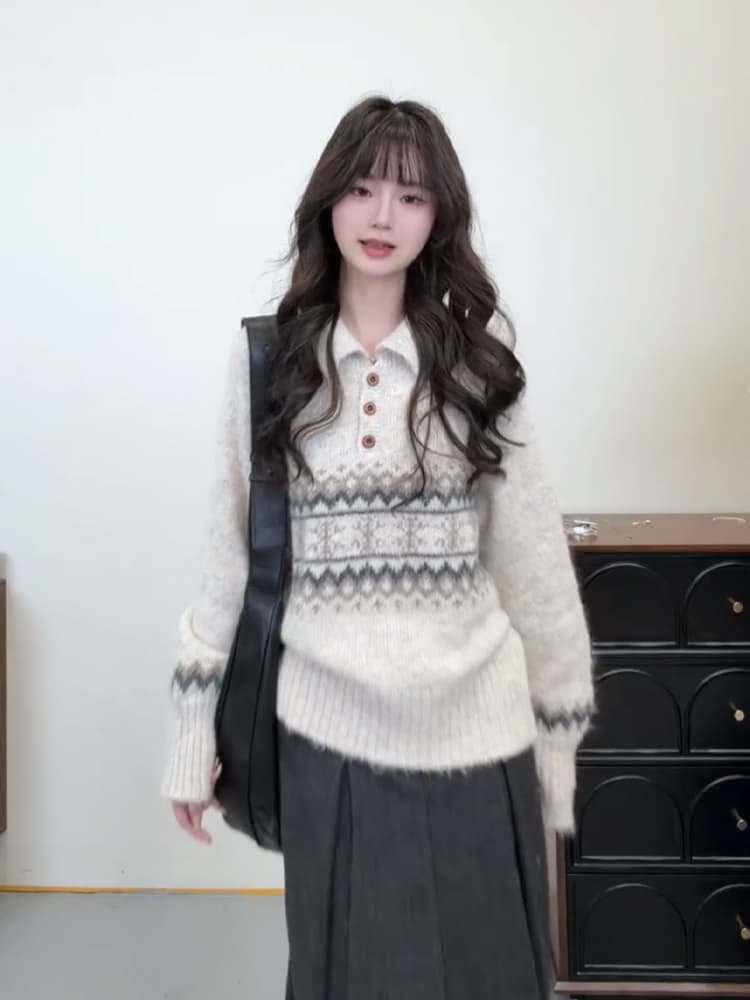 공정한 섬 POLO 칼라 스웨터 여자 가을 겨울 2026 가을 새로운 와이드 부드러운 찹쌀 풀오버 니트 스웨터 외출용 맨위 이미지 3