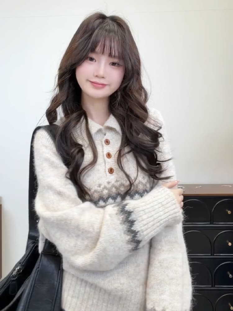 공정한 섬 POLO 칼라 스웨터 여자 가을 겨울 2026 가을 새로운 와이드 부드러운 찹쌀 풀오버 니트 스웨터 외출용 맨위 이미지 4