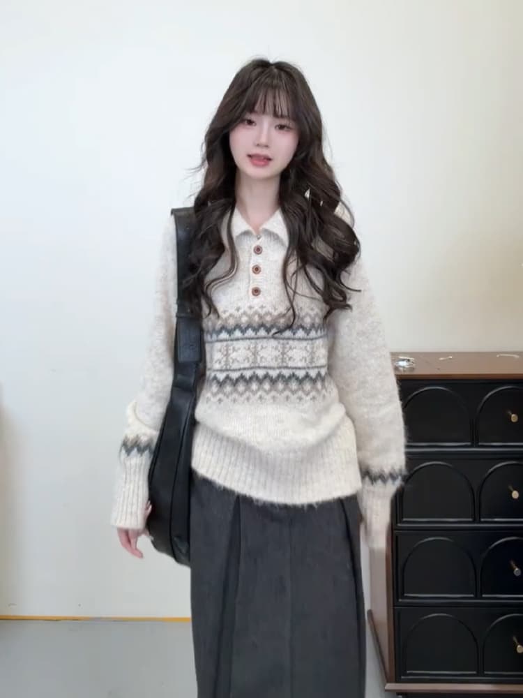공정한 섬 POLO 칼라 스웨터 여자 가을 겨울 2026 가을 새로운 와이드 부드러운 찹쌀 풀오버 니트 스웨터 외출용 맨위 상세 이미지 1