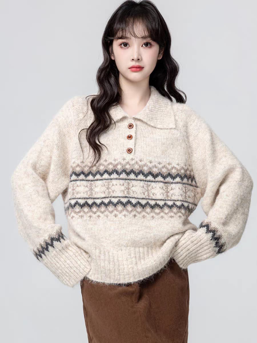 공정한 섬 POLO 칼라 스웨터 여자 가을 겨울 2026 가을 새로운 와이드 부드러운 찹쌀 풀오버 니트 스웨터 외출용 맨위 상세 이미지 9