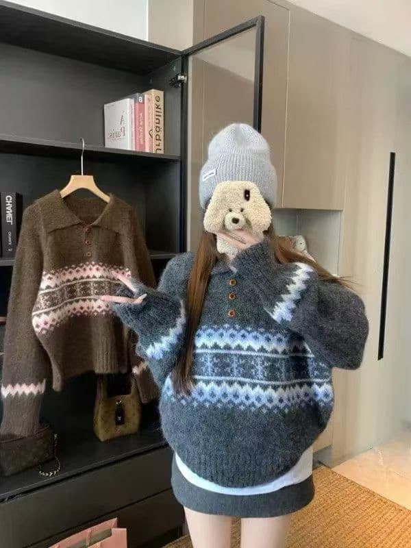 공정한 섬 POLO 칼라 스웨터 여자 가을 겨울 2026 가을 새로운 와이드 부드러운 찹쌀 풀오버 니트 스웨터 외출용 맨위 상세 이미지 11