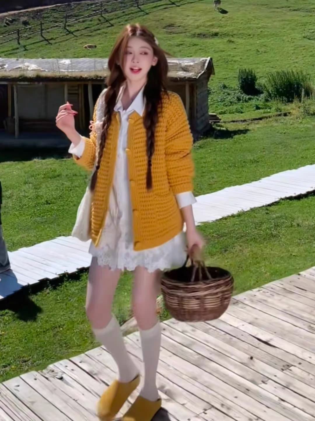 센 부서 레트로 황색 스웨터 오픈 가디건 여성 2026 이른 가을 새로운 캐주얼 루즈핏 느긋한 바람 니트 재킷 맨위 상세 이미지 5