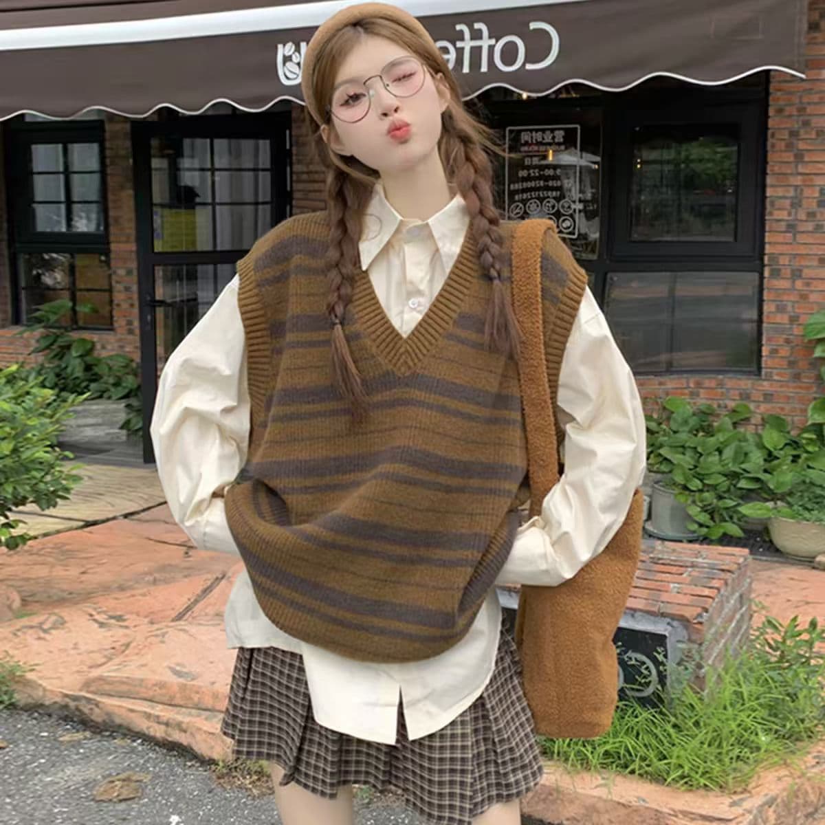 가을 겨울 학원 스타일 디자인 센스 스트라이프 스택 착용 니트 조끼 여자 어깨 다용도 스웨터 조끼 맨위 트렌디 세트 상세 이미지 2