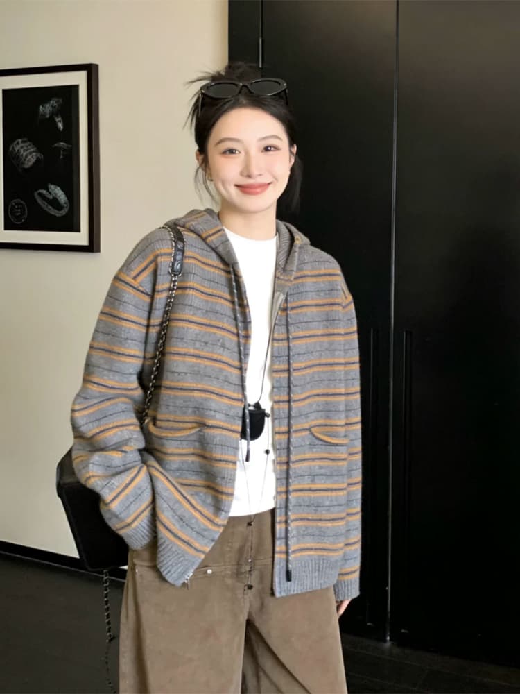 아메리칸 레트로 배색 스트라이프 후드 스웨터 여성 코트 봄 새로운 분위기 센스 착용 가져 가라. 니트 오픈 가디건 맨위 상세 이미지 1