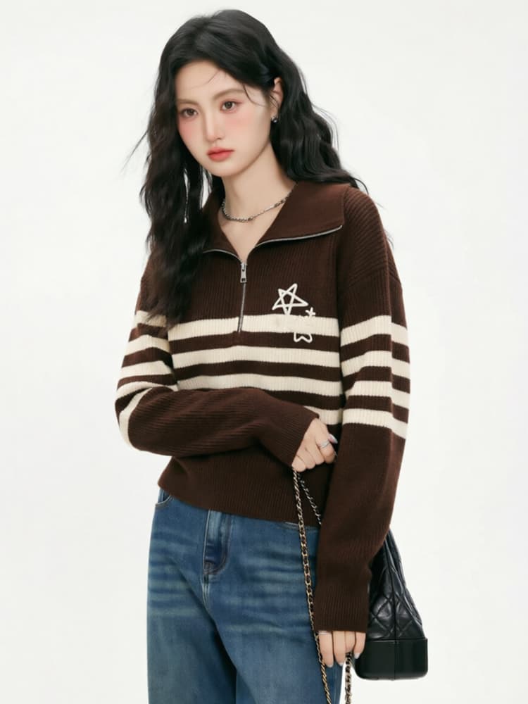 2026 가을 겨울 새로운 터틀넥 지퍼 디자인 센스 검정색 스웨터 루즈핏 캐주얼 바람 스트라이프 맨위 여성 상세 이미지 2