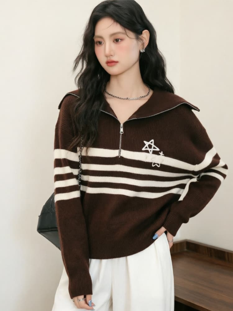 2026 가을 겨울 새로운 터틀넥 지퍼 디자인 센스 검정색 스웨터 루즈핏 캐주얼 바람 스트라이프 맨위 여성 상세 이미지 3
