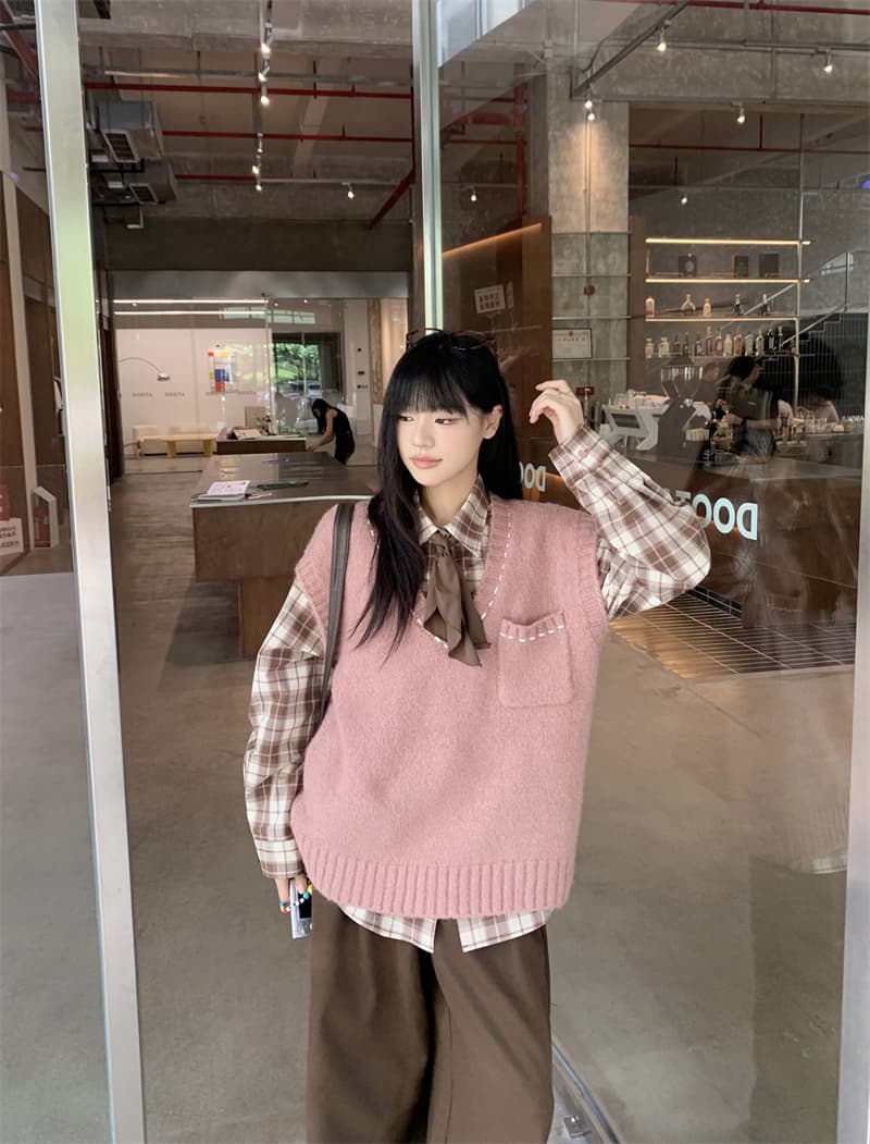 한 번 작은 짭짤한 한 부서 핑크색 V넥 니트 조끼 여자 가을 겨울 새로운 외출용 민소매 조끼 맨위 셔츠 스택 착용 상세 이미지 13