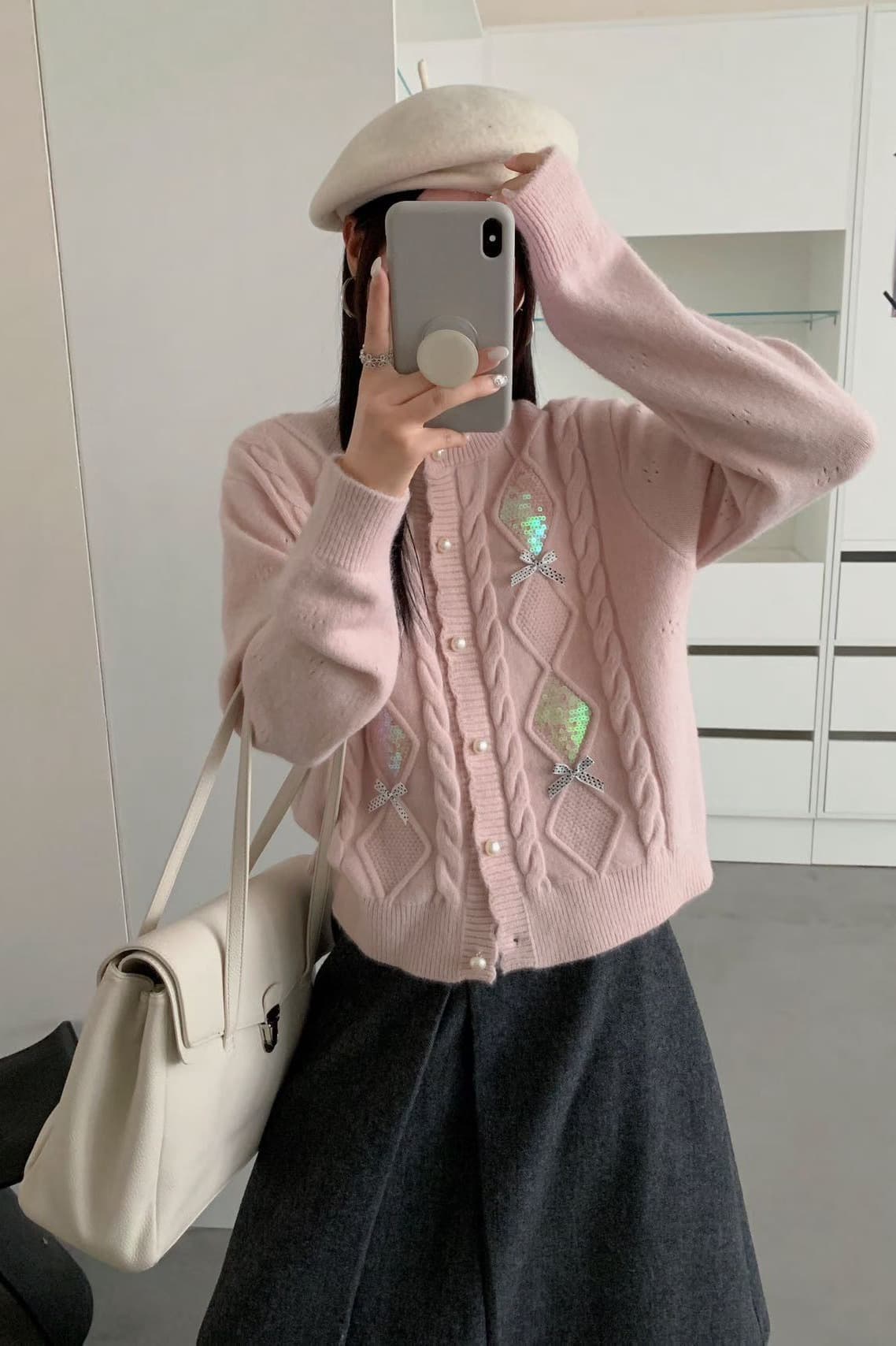 실사 여성 의류 지방 mm 센 부서 달콤함 디자인 센스 수공 자수 3 차원 나비 매듭 오픈 가디건 스웨터 여성 코트 두꺼움 이미지 6