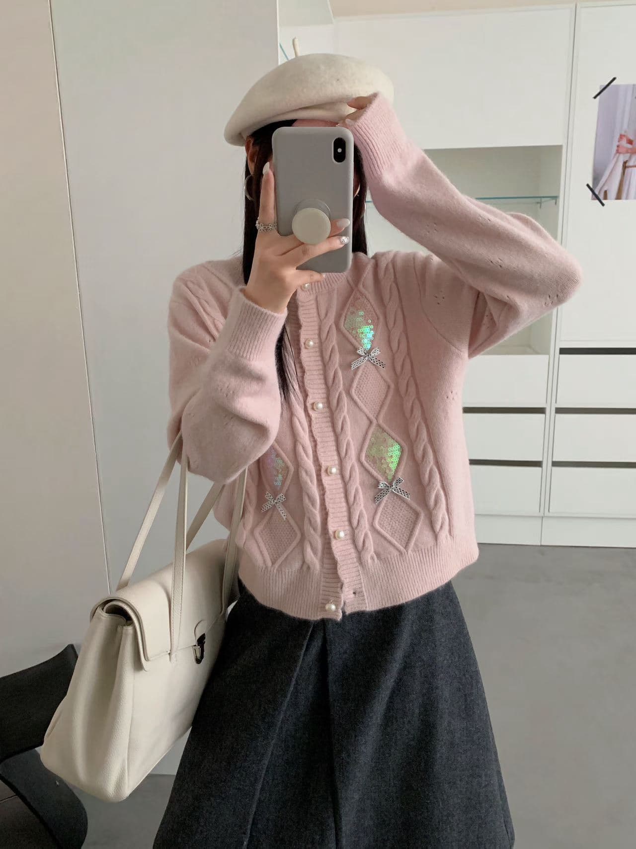실사 여성 의류 지방 mm 센 부서 달콤함 디자인 센스 수공 자수 3 차원 나비 매듭 오픈 가디건 스웨터 여성 코트 두꺼움 상세 이미지 2