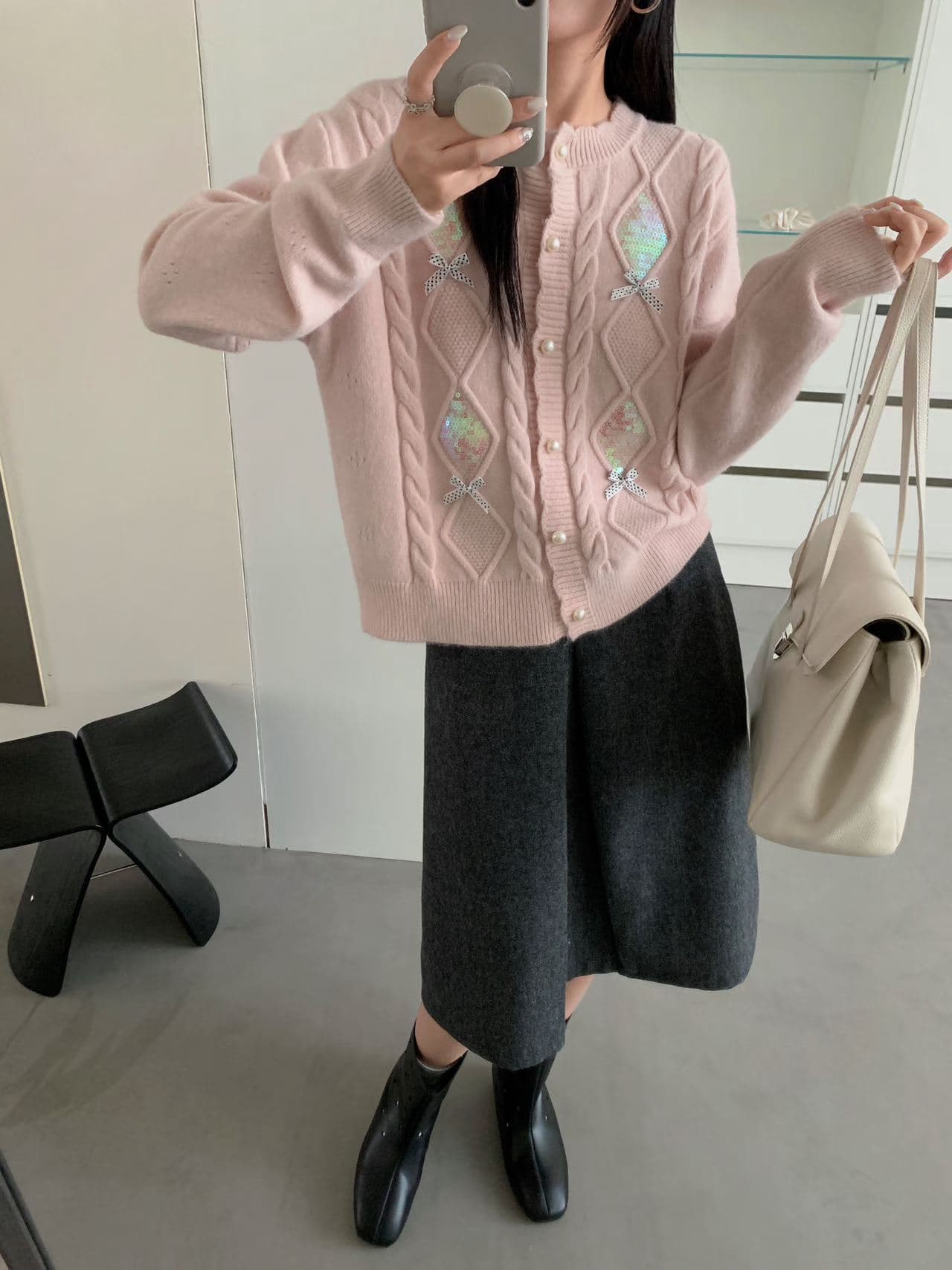 실사 여성 의류 지방 mm 센 부서 달콤함 디자인 센스 수공 자수 3 차원 나비 매듭 오픈 가디건 스웨터 여성 코트 두꺼움 상세 이미지 3
