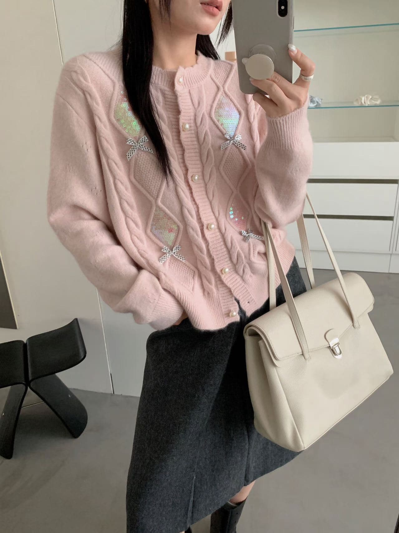 실사 여성 의류 지방 mm 센 부서 달콤함 디자인 센스 수공 자수 3 차원 나비 매듭 오픈 가디건 스웨터 여성 코트 두꺼움 상세 이미지 4