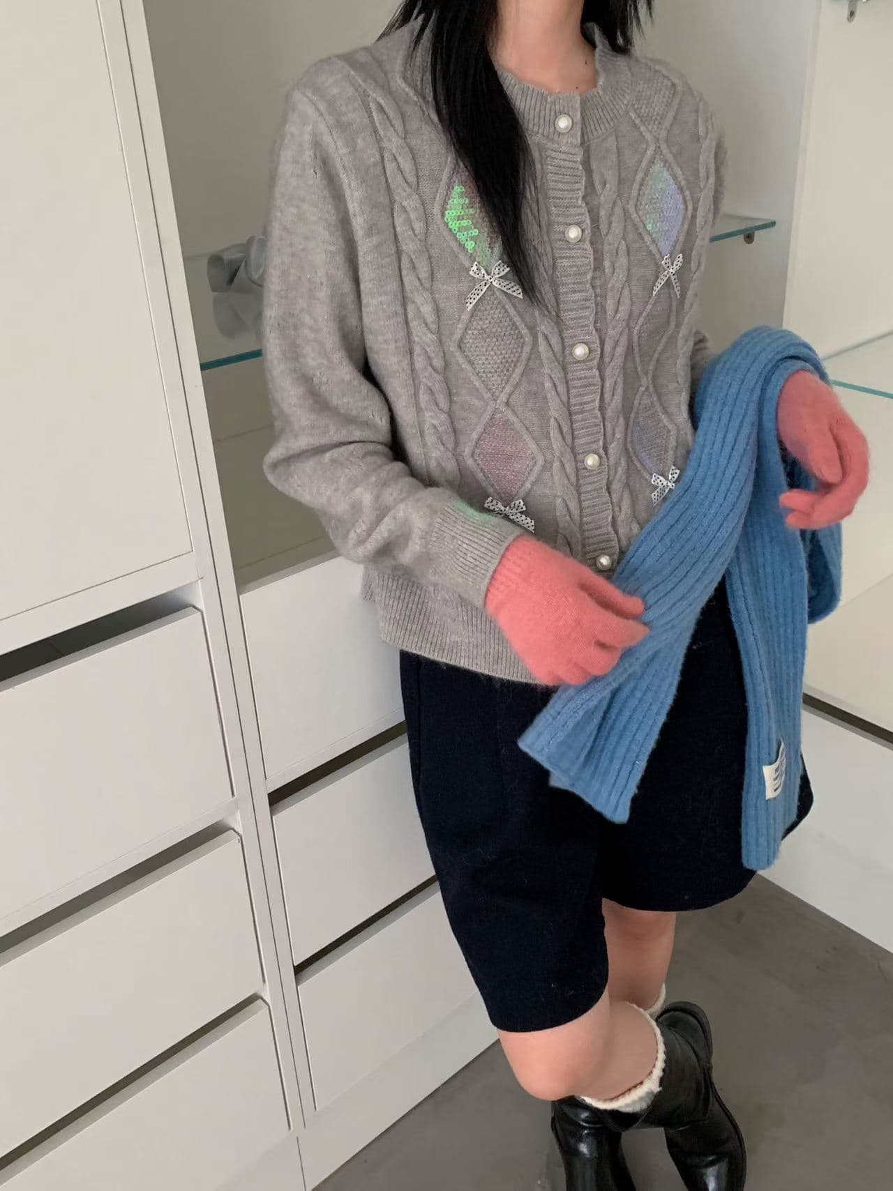 실사 여성 의류 지방 mm 센 부서 달콤함 디자인 센스 수공 자수 3 차원 나비 매듭 오픈 가디건 스웨터 여성 코트 두꺼움 상세 이미지 8