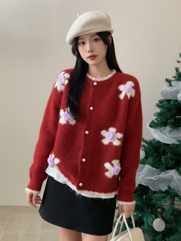 무거운 작업 꽃 자수 자카드 빨간색 라운드 넥 오픈 가디건 스웨터 여자 2025 겨울 고급 센스 루즈핏 카디건 코트 이미지 2