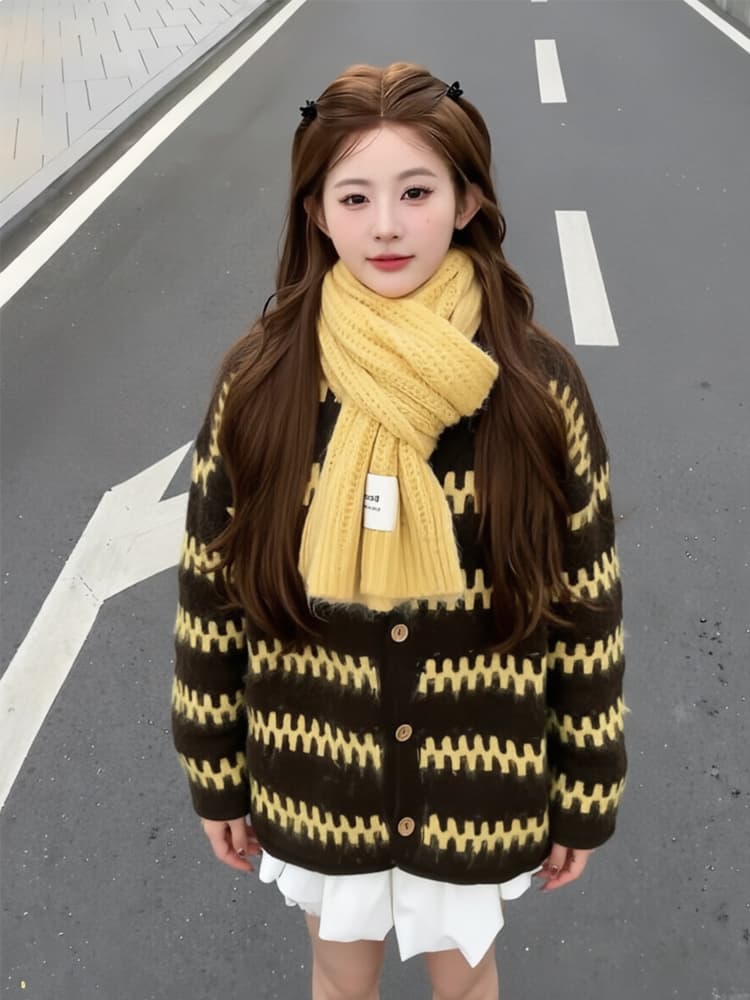 보존 섹션 추천 느긋한 바람 레트로 물결무늬 스트라이프 라운드 넥 스웨터 오픈 가디건 여성 겨울 루즈핏 니트 재킷 상세 이미지 2