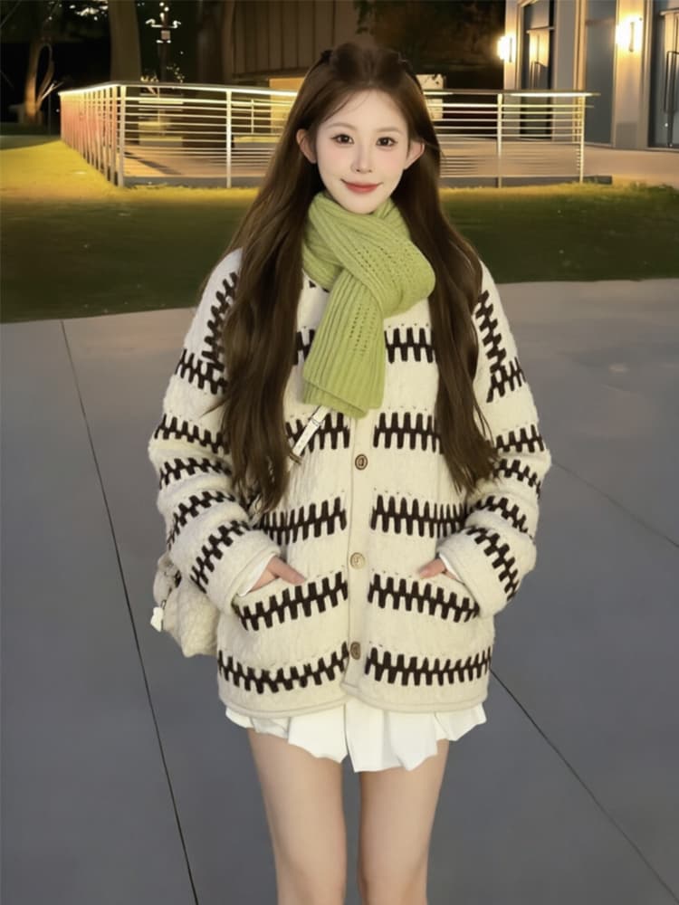 보존 섹션 추천 느긋한 바람 레트로 물결무늬 스트라이프 라운드 넥 스웨터 오픈 가디건 여성 겨울 루즈핏 니트 재킷 상세 이미지 4