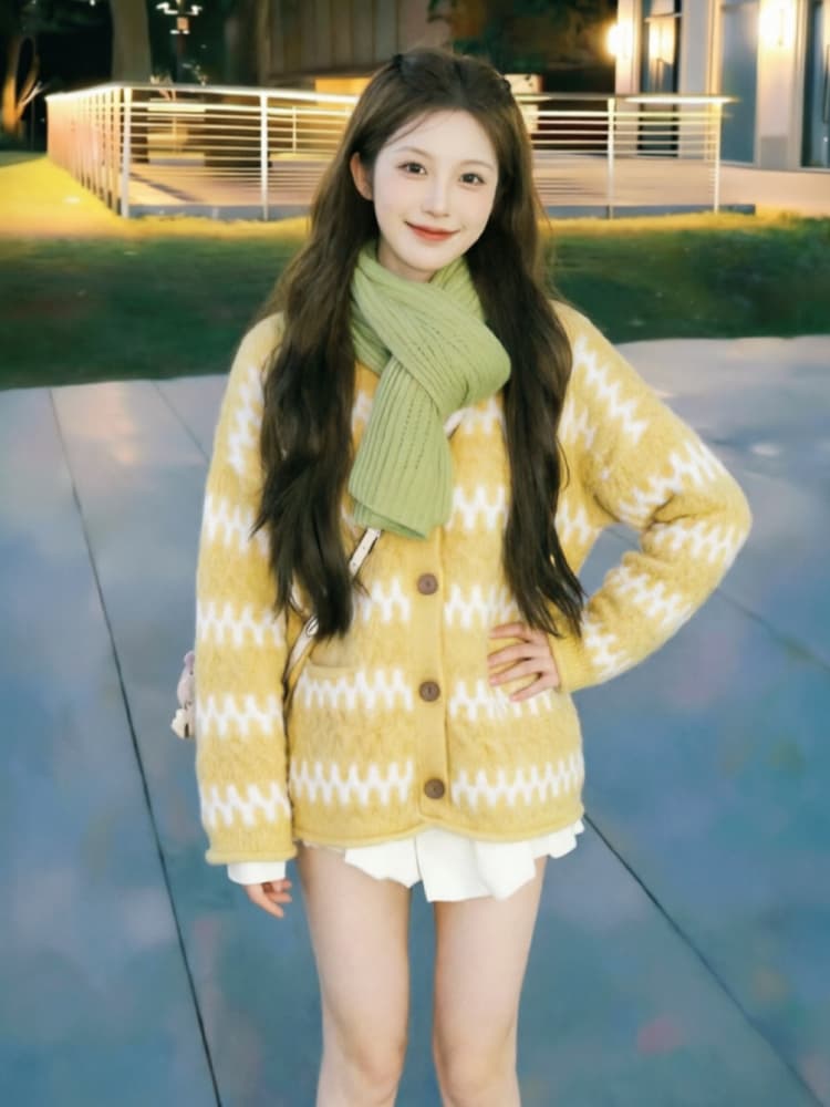 보존 섹션 추천 느긋한 바람 레트로 물결무늬 스트라이프 라운드 넥 스웨터 오픈 가디건 여성 겨울 루즈핏 니트 재킷 상세 이미지 5