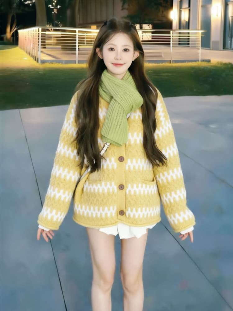 보존 섹션 추천 느긋한 바람 레트로 물결무늬 스트라이프 라운드 넥 스웨터 오픈 가디건 여성 겨울 루즈핏 니트 재킷 상세 이미지 1