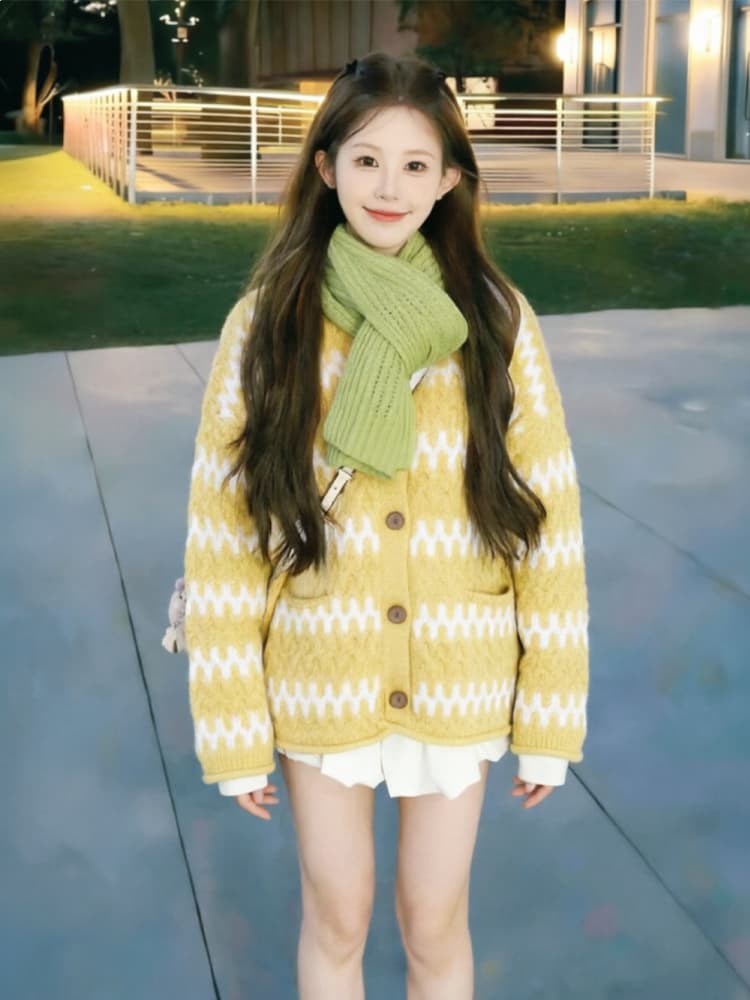 보존 섹션 추천 느긋한 바람 레트로 물결무늬 스트라이프 라운드 넥 스웨터 오픈 가디건 여성 겨울 루즈핏 니트 재킷 상세 이미지 3