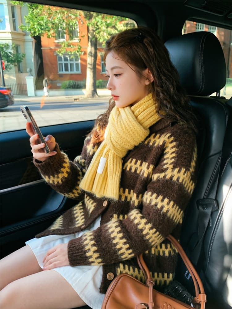보존 섹션 추천 느긋한 바람 레트로 물결무늬 스트라이프 라운드 넥 스웨터 오픈 가디건 여성 겨울 루즈핏 니트 재킷 상세 이미지 6