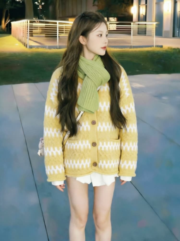 보존 섹션 추천 느긋한 바람 레트로 물결무늬 스트라이프 라운드 넥 스웨터 오픈 가디건 여성 겨울 루즈핏 니트 재킷 상세 이미지 9